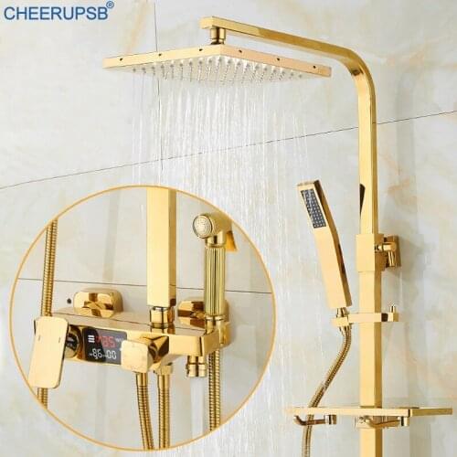 Gold Shower Set Bathroom Digital Dispay Faucet Hot Cold Mixer Bath Tap Square Bathtub Thermostatic SPA Rainfall Shower System