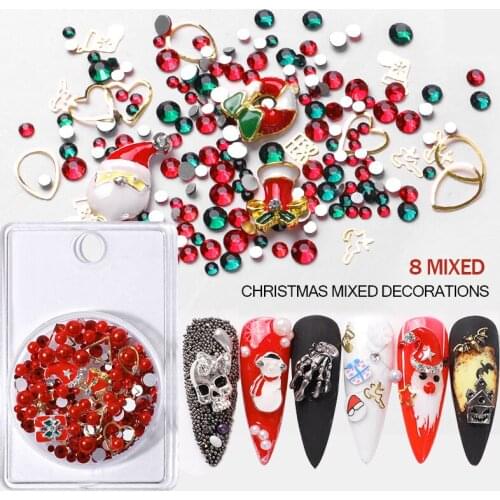 1Box Crystal Rhinestones Metal Studs Mix 3D Snowflakes Tree Gift Bell Deer Pumpkin Skull Halloween Christmas Nail Art Decoration