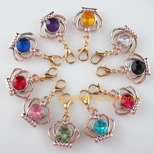 10Pcs KC Gold Color Mixed Crystal Crown Charms With Lobster Claw Clasps 19mm
