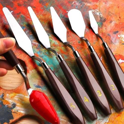 5pcs Wooden Handle Oil Painting Knife Palette Knife Oil Painting Scraper Oil Painting Shovel Paint Student Art Painting Tool Set