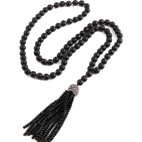 Free Shipping Fashion Black Stone Bead Long Knotted Black Crystal Tassel Punk Necklaces