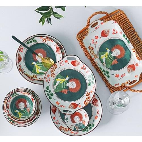 Nordic Fairy Tale Forest Dinner Plates Ceramic Hand-painted Japanese Tableware Noodle Soup Rice Bowl Food Dessert Serving Tray