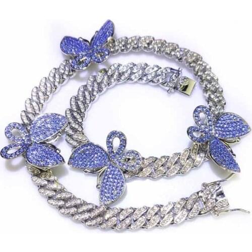 Multicolor 11mm Geometry Miami Cuban Curb Chain Necklace Dragon Lock Clasp Butterfly Charm Men Hip hop CZ Jewelry Bracelet