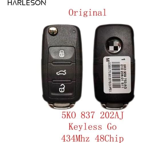 Original 5K0837202 AJ Keyless Go Flip Remote Car Key Fob 434MHz ID48 Chip for VW Volkswagen Touareg Beetle Golf Jetta