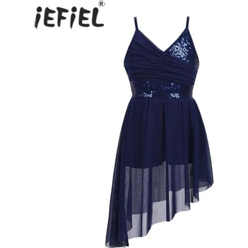 Kids Ballroom Dance Dress Gymnastics Leotard for Girls Straps V-Neck Sequined Irregular Hem Latin Dance Costume Lyrical Dress