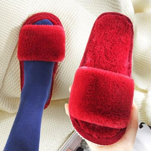 House Slippers Winter Women Faux Fur Soft Warm Shoes Woman Slip on Flats Female Slides Black Pink Cotton Home Furry Slippers