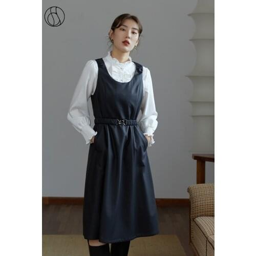 DUSHU Women Retro Big U-neck Vest Leather Skirts Belt Slimming Black Dresses Commuter Simple A-shaped Design Sleeveless Dresses