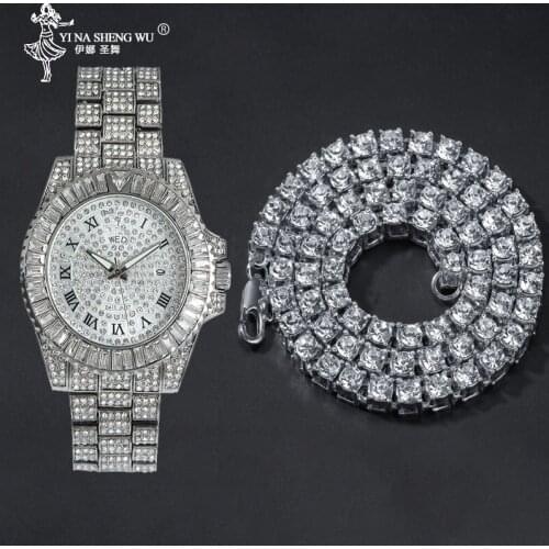 Hip Hop Punk Bling 1 Row Rhinestone Tennis Chain & Watch Full Set Gold Rose Gold Color Men Watches Necklace For Men Women Gift