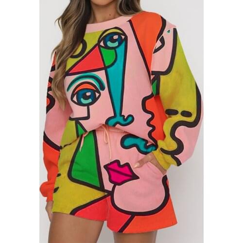 Elegant Tracksuit Sports 2 Piece Set Autumn Loose Lady Print Pullover Tops and High Waist Shorts Pants Women Streetwear Outfits