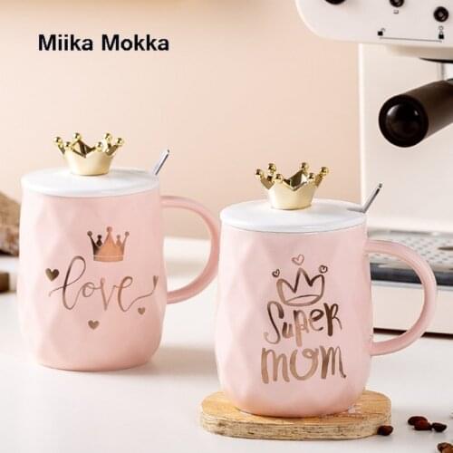 Pink Crown Mug 430ml Japanese Style Creative Cute Girl Ceramic Cup Custom Coffee Cup Couple Water Cup with Lid Spoon Coffee Cups