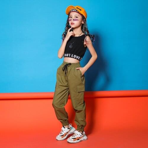 Fashion Hip Hop Clothing for Kids Dance T shirts for Girls Green Pants Jazz Dancewear Competition Costume