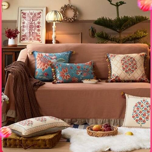 Cabernet Sauvignon Soft Wool Throw Pillow Cushion Cover Florals Print Square Manual Tassels Pillow Case For Sofa Bedroom 45×45cm