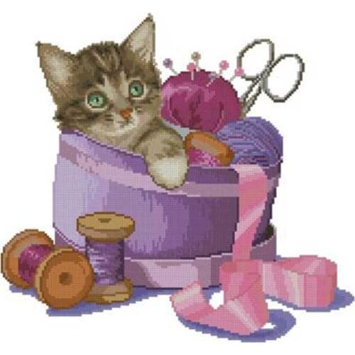 Kitten in the sewing box patterns counted 11CT 14CT 18CT Cross Stitch Sets DIY Chinese Cross-stitch Kits Embroidery Needlework