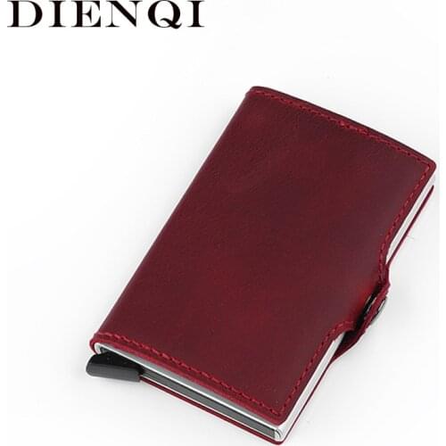 Customize Rfid Crazy Horse Genuine Leather Men Credit Card Holder Smart Minimalist Wallet Creditcard Aluminum Card Pocket Case