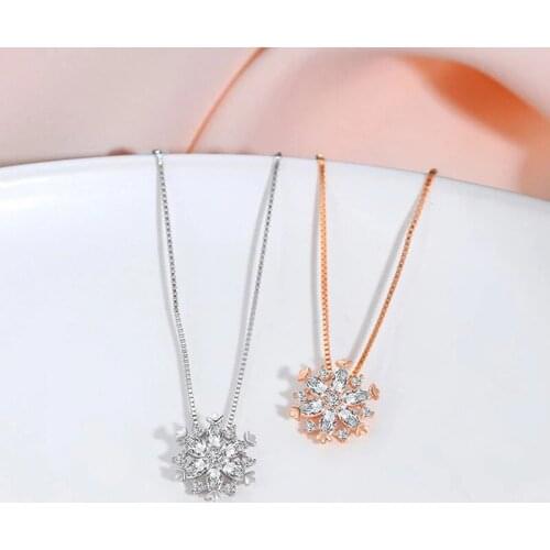 Flash Cubic Zircon Snowflake Pendant Necklace Fashion Clavicle Chain Rose Gold Silver Color Necklace For Women