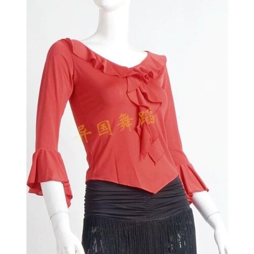 Latin dance lotus leaf collar trumpet long sleeve exercise shirt Latin blouse L035A