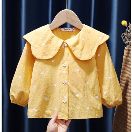Baby Girls Shirt Blouse Outwear Full Sleeve Blouse Children Dot Ruffles Collar Top Kids Jumper Toddler Girls Clothes 12M-6Y