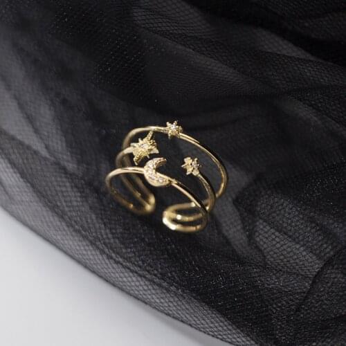 MloveAcc Three Layers Stars Moon Ring Zircon Shiny Cool 925 Sterling Silver Female Resizable Opening Rings