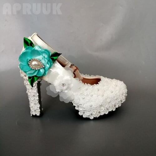 Super high 11cm block heels lace pumps wedding shoes bride bridal tound toes platforms sexy elegant green flower parties shoes