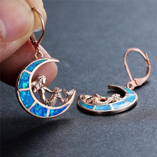 Vintage Female Moon Mermaid Earrings Rose Gold Silver Color Clip Earrings For Women Charm Blue Opal Stone Wedding Earrings