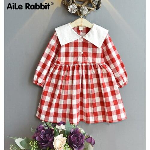 Girls' Skirt Autumn New Korean Version Large Collar Open Buckle Plaid Exotic Princess Dress Small And Medium-sized Childrens