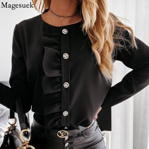 Spring Ruffle Long Sleeve White Shirts O Neck Office Lady Womens Blouse and Tops Autumn Button Plus Size Chiffon Clothing 12687