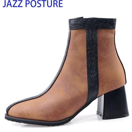 Black Brown Women Boots Comfy Square High Heel Ankle Boots Fashion Pointed Toe Zipper Boots Autumn Winter Ladies Shoes 2019 z322