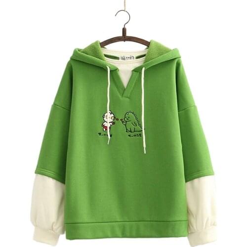 Womens Cartoon Embroidery Hoodies Harajuku Fake 2 Piece Sweatshirt 2020 Winter Female Plus Velvet Hooded Kawaii Pullover 201073