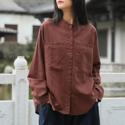 Johnature Leisure Stand Pockets Single Breasted Long Sleeve Cardigan Shirt 2021 Autumn New Cotton Linen Comfortable Women Tops