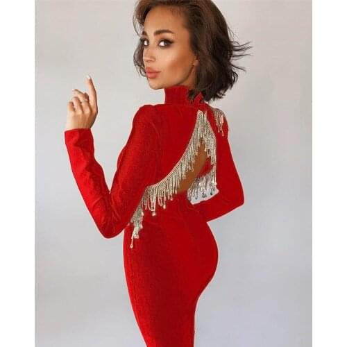 2020 Winter Style Sexy Long Sleeve Backless Diamonds Tassel Mini Bandage Dress Designer Fashion Evening Party Dress Vestido