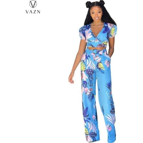 VAZN 2021 Young Fashion Women Casual Holiday Style Short Sleeve V-neck Short Top Elastic Long Pants Printed Two Piece Sets