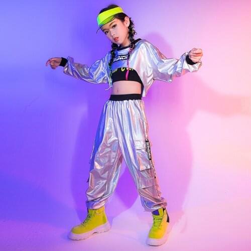 Kid Hip Hop Clothing Silver Shirt Crop Tops Shiny Casual Pants Street Dance Hip Hop Clothes For Girls Jazz Performance Stagewear