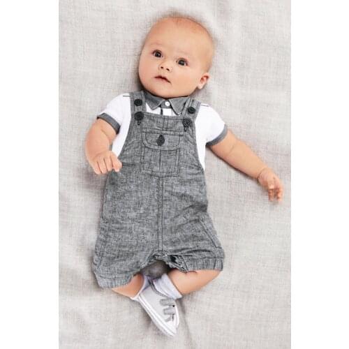 Summer Hot Sell Gentleman Style Baby Boy Clothes Short Sleeve White T-shirt+Gray Overalls Infant Toddler Clothing Set