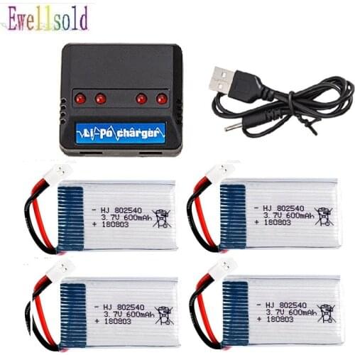 2pc 3pc 4pc 3.7V 600mAh Drone Rechargeable Li-polymer Battery 802540 + USB Charger set For X5C X5C-1 X5 H5C Quadcopter