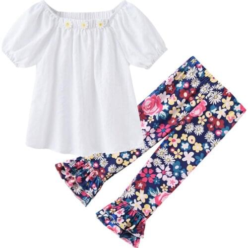 Baby Girls Sets Ruffle Short Sleeve Shirt Tops + Floral Trousers Toddler Clothes Summer Casual Outfits