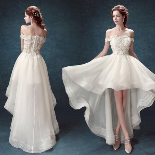 Short Wedding Dress Organza Appliques Boat Neck High/Low Ivory White Wedding Gowns Prom Simple Bride Dress Vestido De Noiva