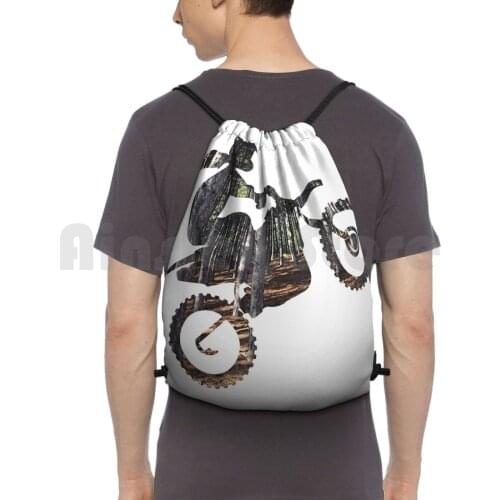 Dirt Bike Girl Silhouette , With Trees Backpack Drawstring Bags Gym Bag Waterproof Dirt Bike Dirt Bike Dirtbike Wheelie