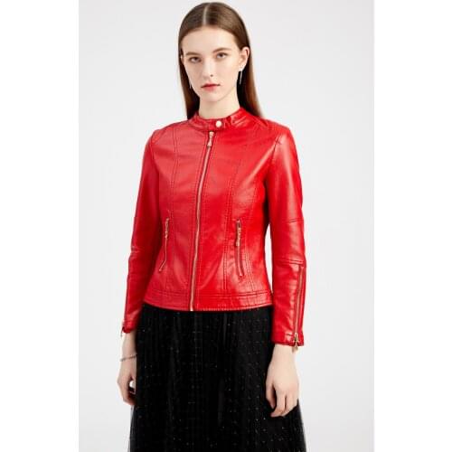 Womens Faux Leather Jacket Short Tops Spring Autumn Thin Long Sleeve Zipper PU Leather Jacket Women Outerwear Biker Coats TF258