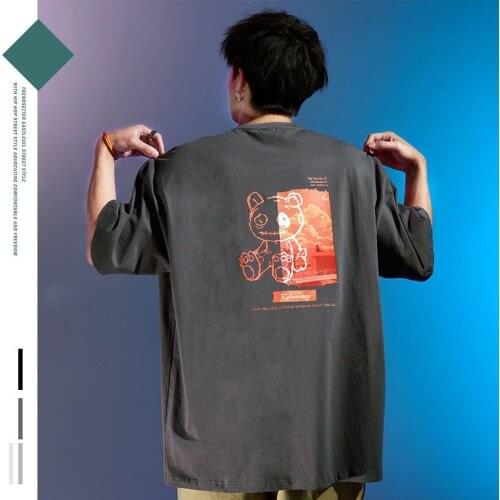 Summer Mens Hong Kong Style National Tide Bear Print Cotton Short-sleeved T-shirt Trend Five-point Sleeve Loose Oversize Top