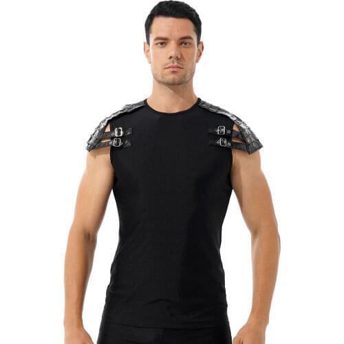 Men Gothic Punk Exotic Tanks Wetlook Patent Leather Shoulder Armour T-shirt Black Round Neck Tops for Halloween Rock Concert