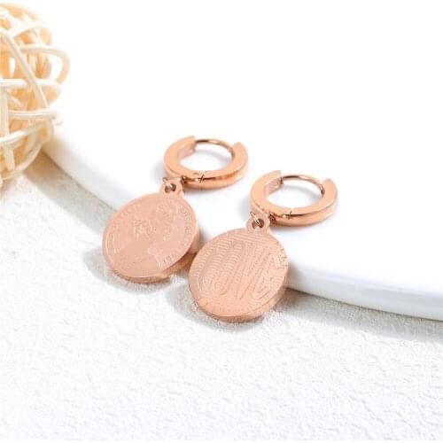 New Trendy Fashion Stainless Steel Rose Gold Color Earing Round Coin Decorating Hanging Earings Fashion Jewelry Gift for Woman