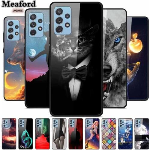 Glass Case For Samsung A52 Case Samsung A72 Hard Tempered Phone Case For Samsung Galaxy A52 A 52 A 72 Case Waterproof Bumper Cat
