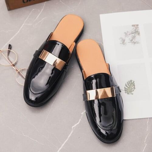 Summer luxury brand black half length mens shoes patent leather mens shoes leisure luxury mens sandals zapatillas hombre EU45
