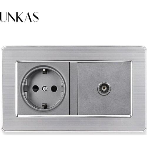 UNKAS Gray Stainless Steel Panel 16A EU Standard Wall Power Socket + Grey TV Televtion Connector Jack 146MM*86MM 2 Gang Outlet