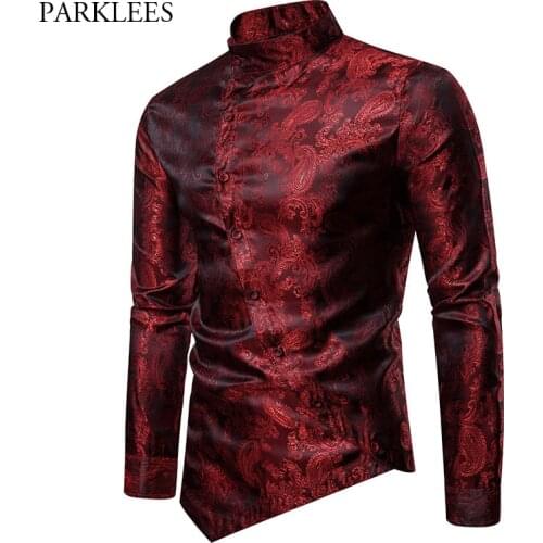 Wine Red Paisley Jacquard Tuxedo Shirt Men Stylish Irregular Hem Design Slim Fit Dress Shirts Mens Wedding Party Chemise Homme