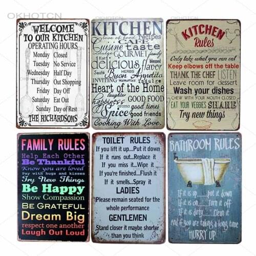 Vintage Family Rule Metal Tin Abstract Letter Quotes Bathroom Kitchen Rule Sign Metal Decoration Poster Wall Art Picture 20x30cm