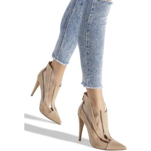2021 Single Shoe Womens Sandals Pointed Toe Sexy Thin Heel Mesh Splicing High Heels Pumps Large Size Beige Elegant Ankle Boots