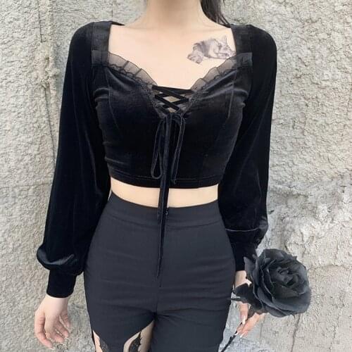Black Flannel Ruffles V Neck Front Lace Up Lantern Sleeve Short Sexy Tops Women 2020 Night Club Party Wear Gothic Lolita Top