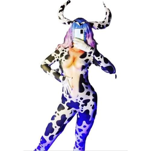 New 3D Printing Cow Pattern White Jumpsuit Women Dancer Bar Show Animal Outfit Cosplay Leggings Wear Prom Celebrate Outfit