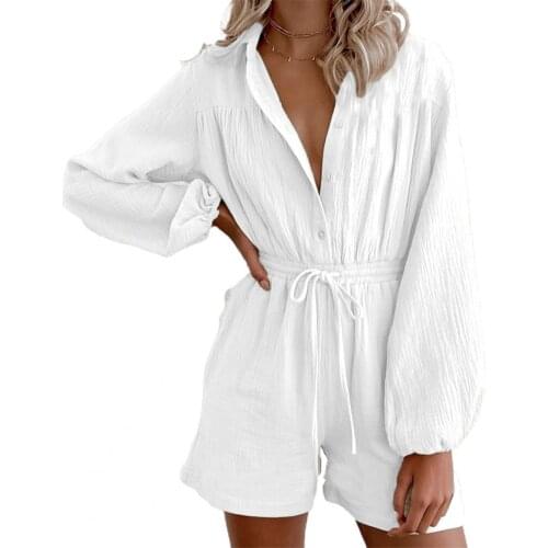 Women Jumpsuit 2021 Summer Long Sleeve Drawstring One-Piece Single-breasted Lapel Pockets Romper for Daily Wear